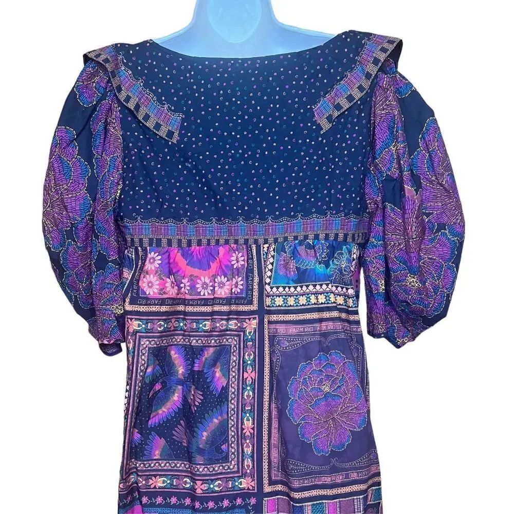 Farm Rio Mixed Scarves Patchwork Frill Layered Dress NWT Size Small - Picture 6 of 8